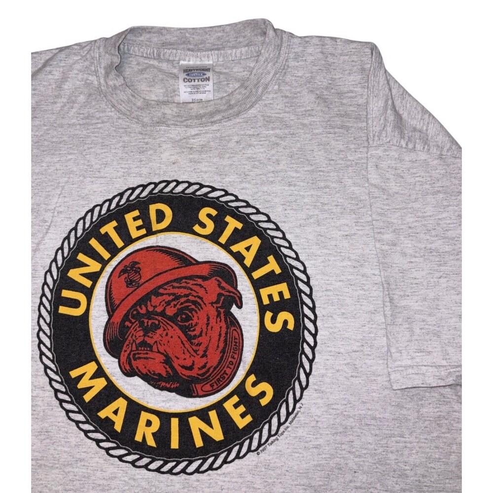 ⁠Vintage 90s USMC Marines Bulldog T Shirt Mens Large Gray Single Stitch Military